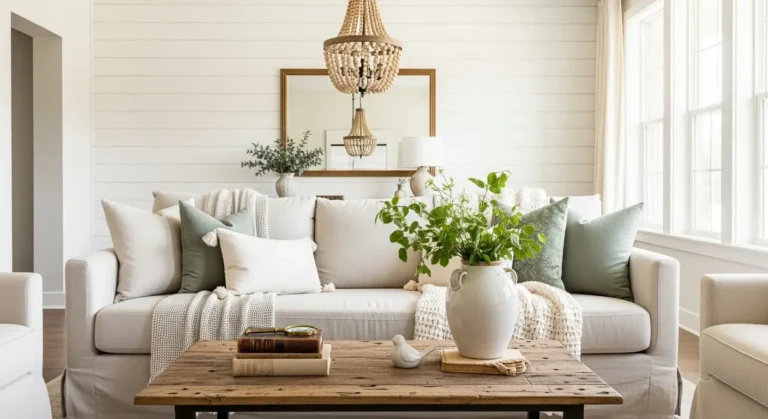 Budget farmhouse decor living room with cheap DIY wall ideas and a wood coffee table
