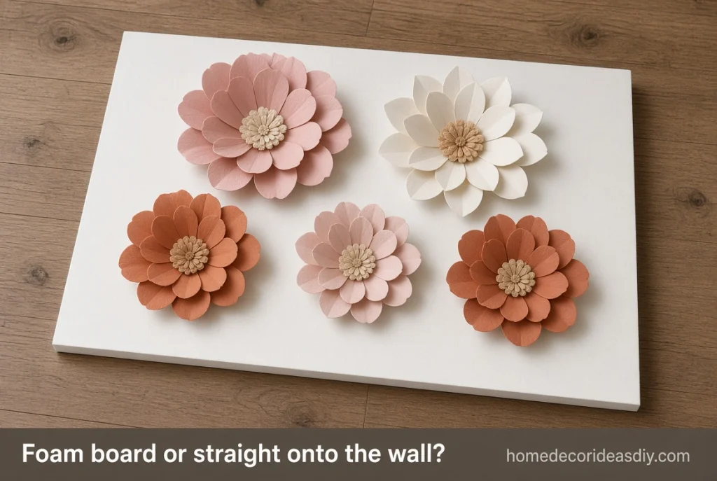 Giant paper flowers arranged on painted foam insulation board before hanging