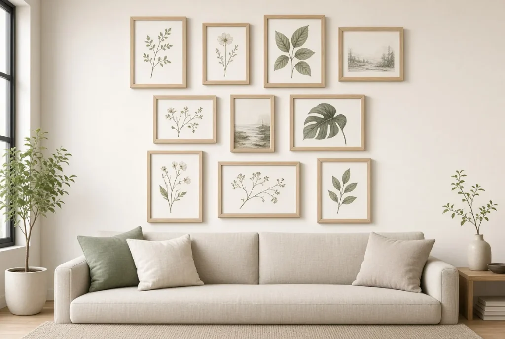 Thrift frames and botanical prints built into a gallery wall, a no-spend budget living room decor idea.