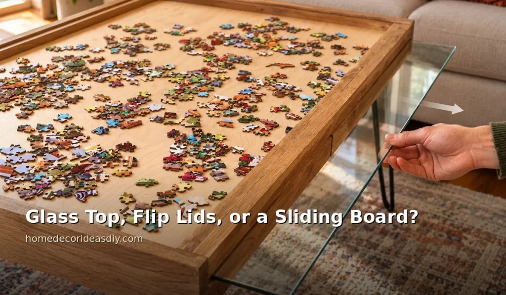 Hand lifting the glass top off a wooden puzzle coffee table to reach the jigsaw stored in the well underneath.