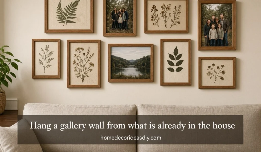 Thrifted frame gallery wall same wood stain botanical prints and photos
