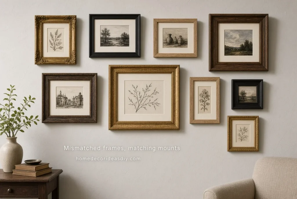 Mismatched vintage frames with matching off-white mounts on a wall