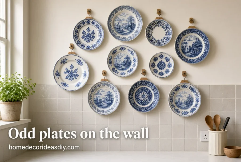 Mismatched blue and white plates hung on a kitchen wall
