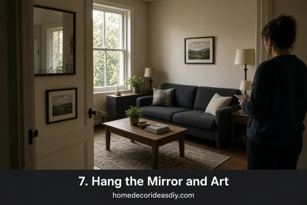 Mirror opposite the window and art hung low above the sofa in a living room