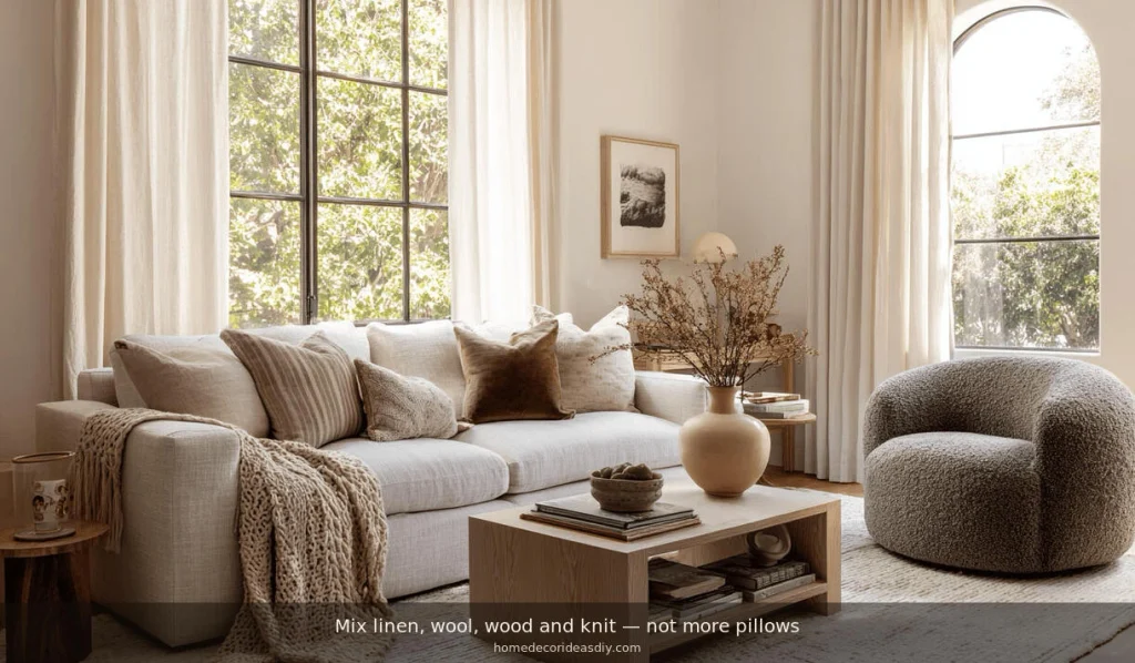 Decor home seating with mixed linen, wool, wood and knit textures
