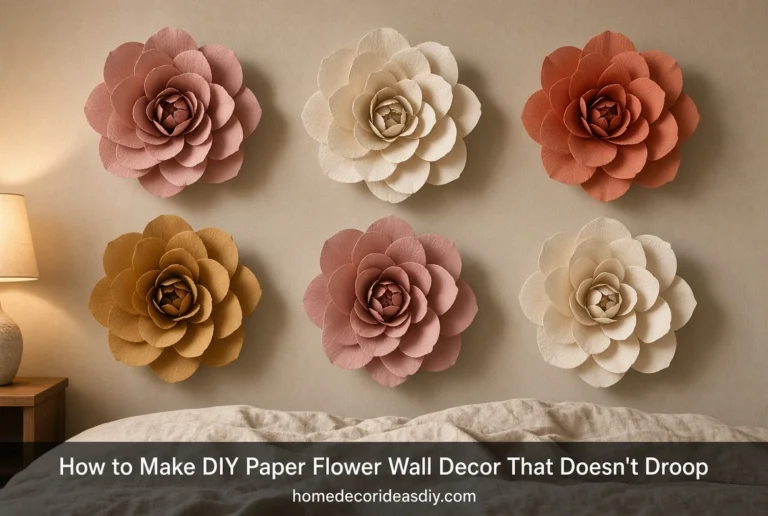 Large handmade cardstock paper flowers on a bedroom wall with space between blooms and curled petals that hold their shape