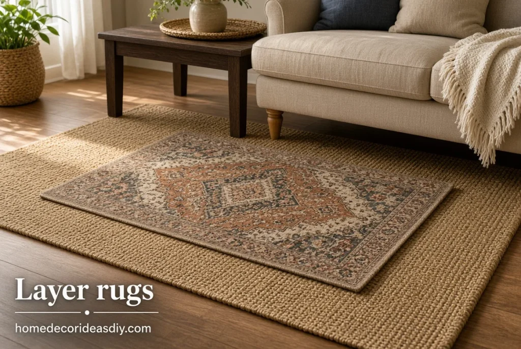 Patterned vintage rug layered over a large plain jute rug