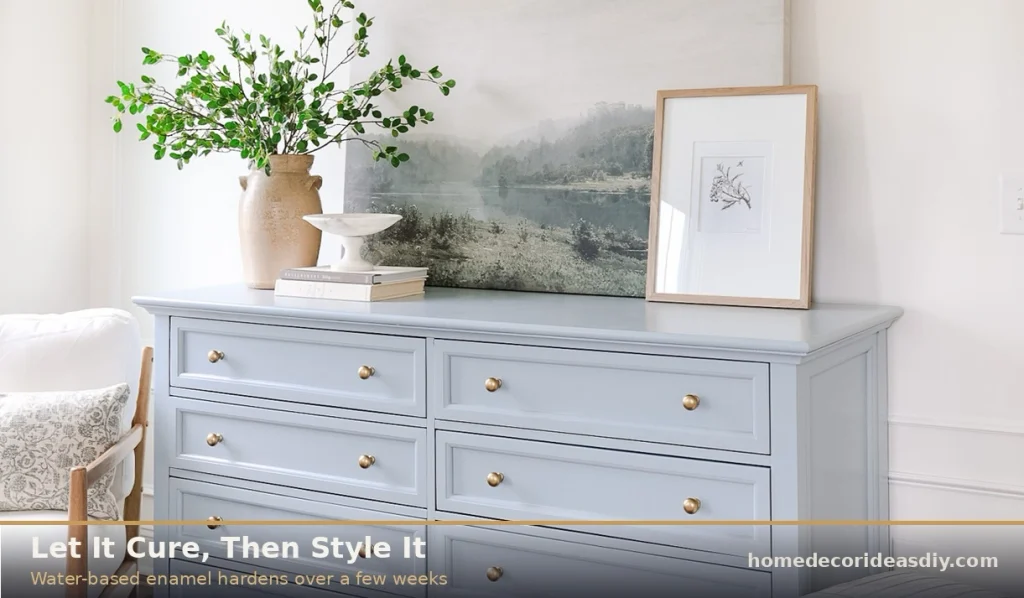 Finished painted furniture styled with plants and art after full cure