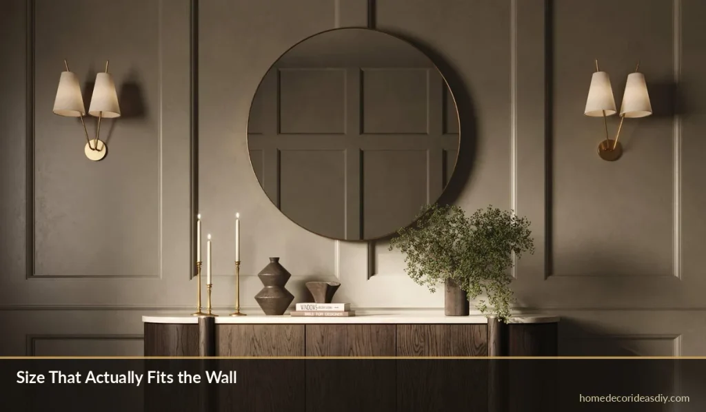 Arched mirror over a light wood console by a black door. Shows hanging height for a wall with no fireplace.