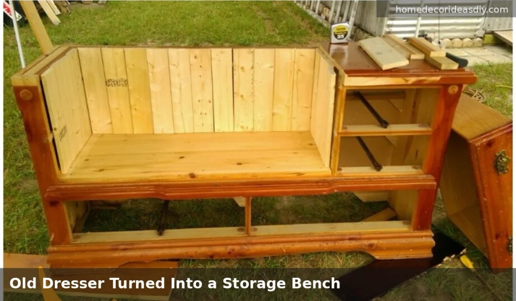 DIY storage bench from old dresser with drawers