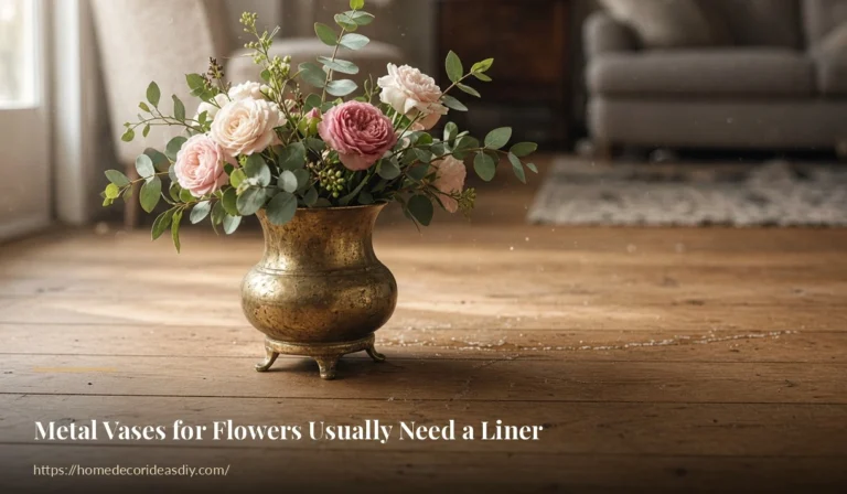 Metal vases for flowers in antique brass with roses, showing why a liner is needed