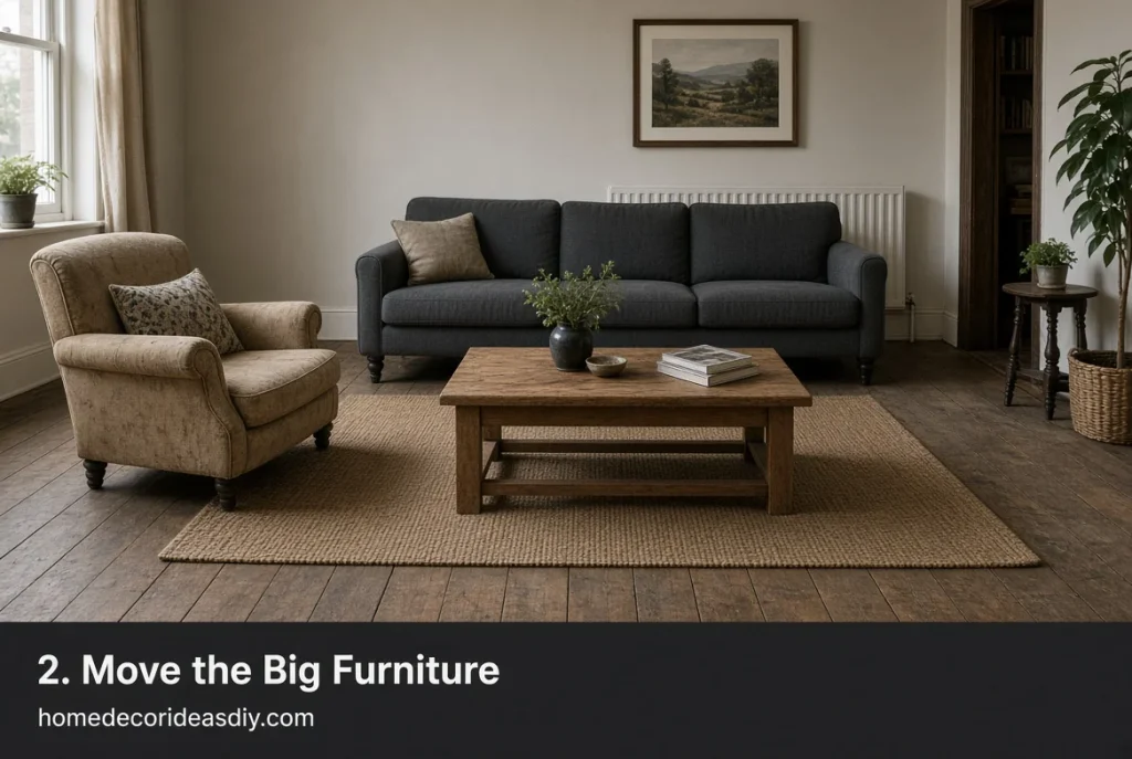 Sofa pulled off the wall so front legs sit on the living room rug