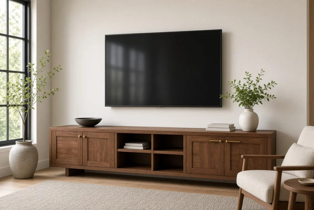 New knobs on a solid wood media unit, a fiddly budget living room decor idea that only pays off on real wood