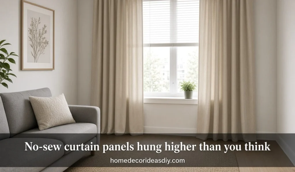 No-sew curtain panels hung high and wide touching the floor