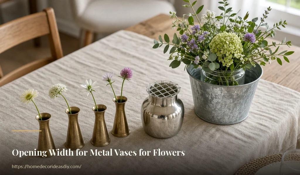 Different opening widths of metal vases for flowers with bud vases, a frog and a liner