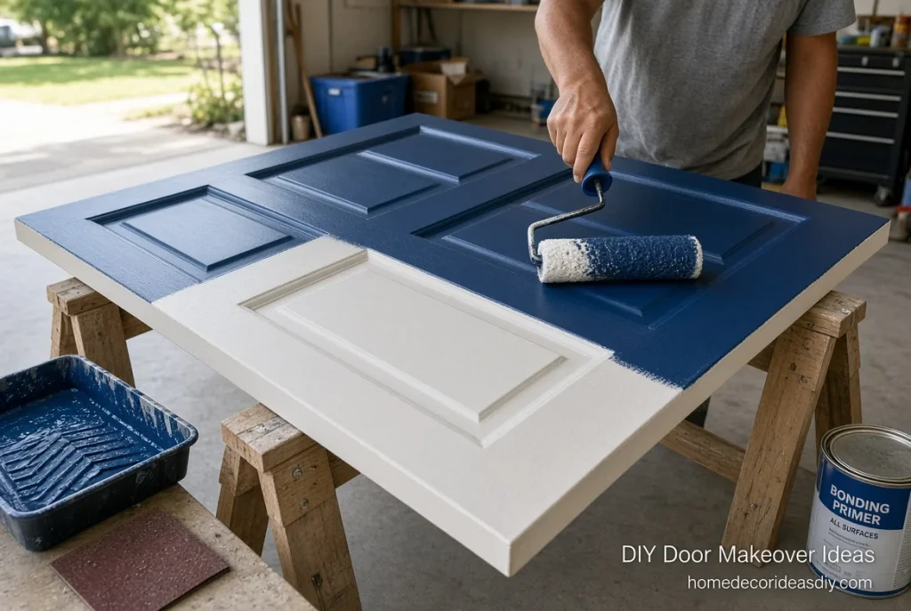 DIY Door Makeover Ideas  painting a flat door navy blue on sawhorses