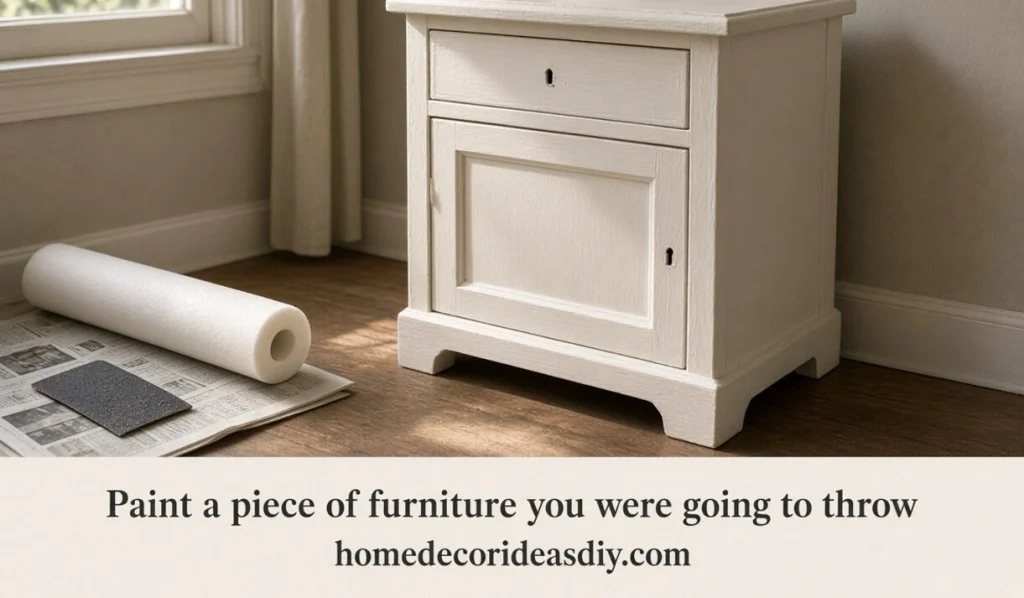 Painted nightstand beginner weekend project with roller and sandpaper