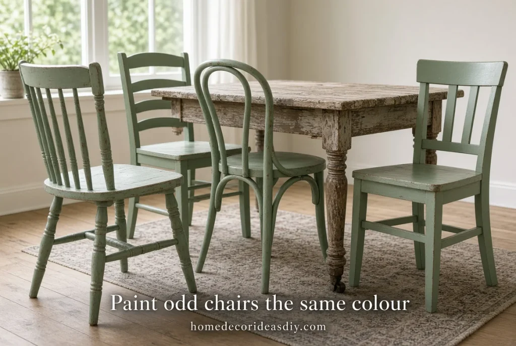 Eclectic home decor ideas mismatched dining chairs painted one sage colour for eclectic mix