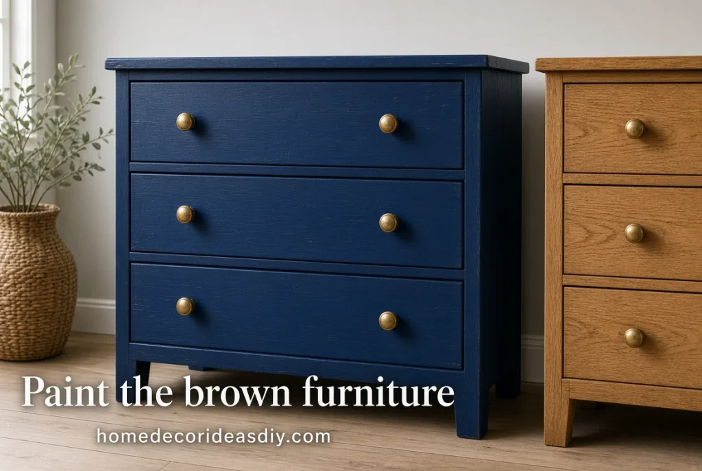 Charity-shop chest painted deep blue next to natural oak
