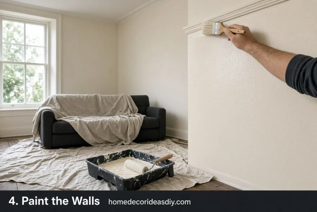 Cutting in and rolling a pale warm emulsion on living room walls