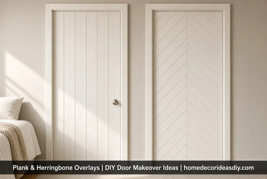 DIY Door Makeover Ideas plank overlay and herringbone wood strips on flat doors