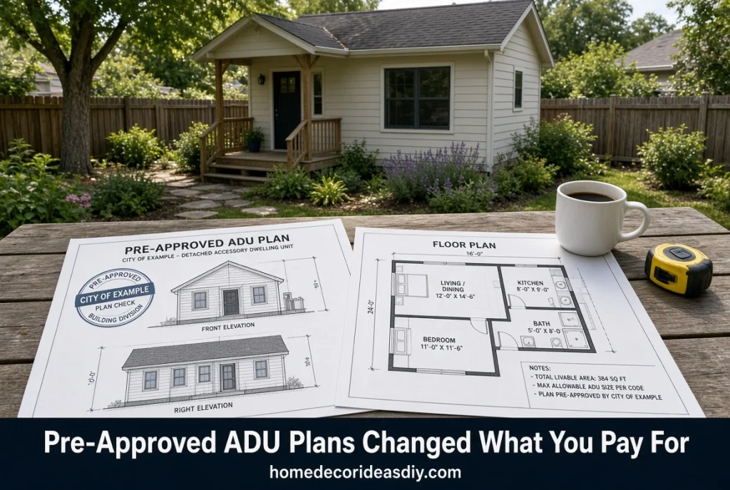 Pre-approved ADU plan sheets on a backyard table with a small completed cottage behind