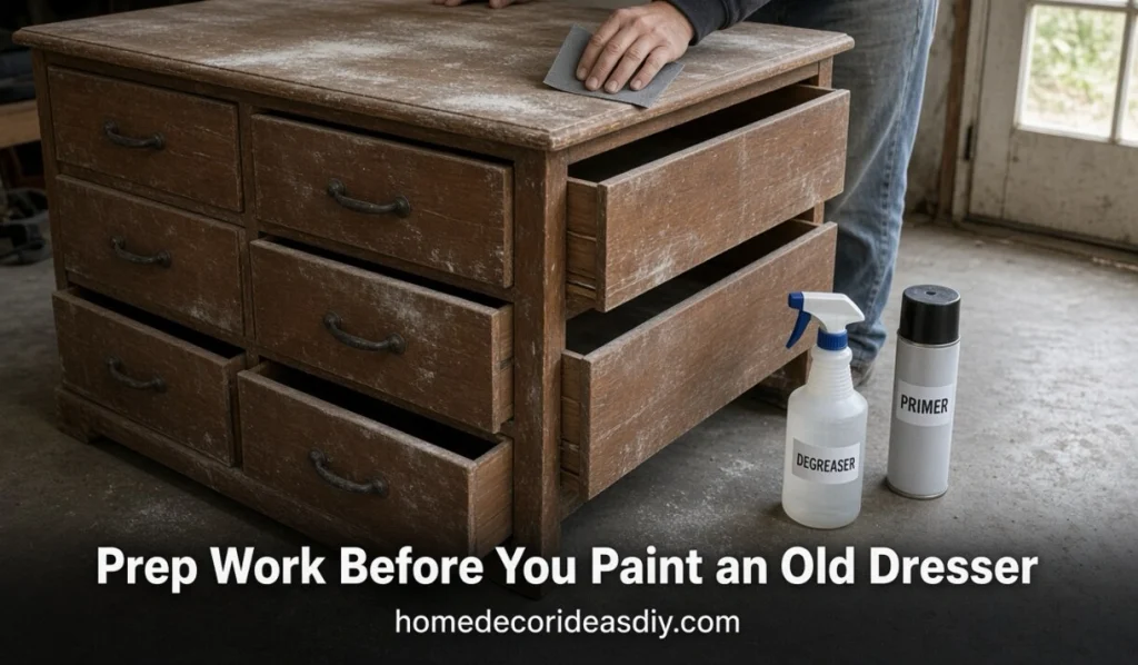 Scuff sanding and priming an upcycle old dresser before paint