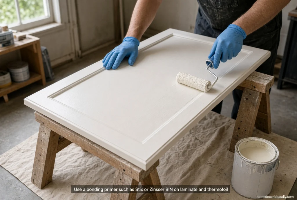 Applying bonding primer to a cabinet door before you upcycle kitchen cabinets made of laminate or thermofoil