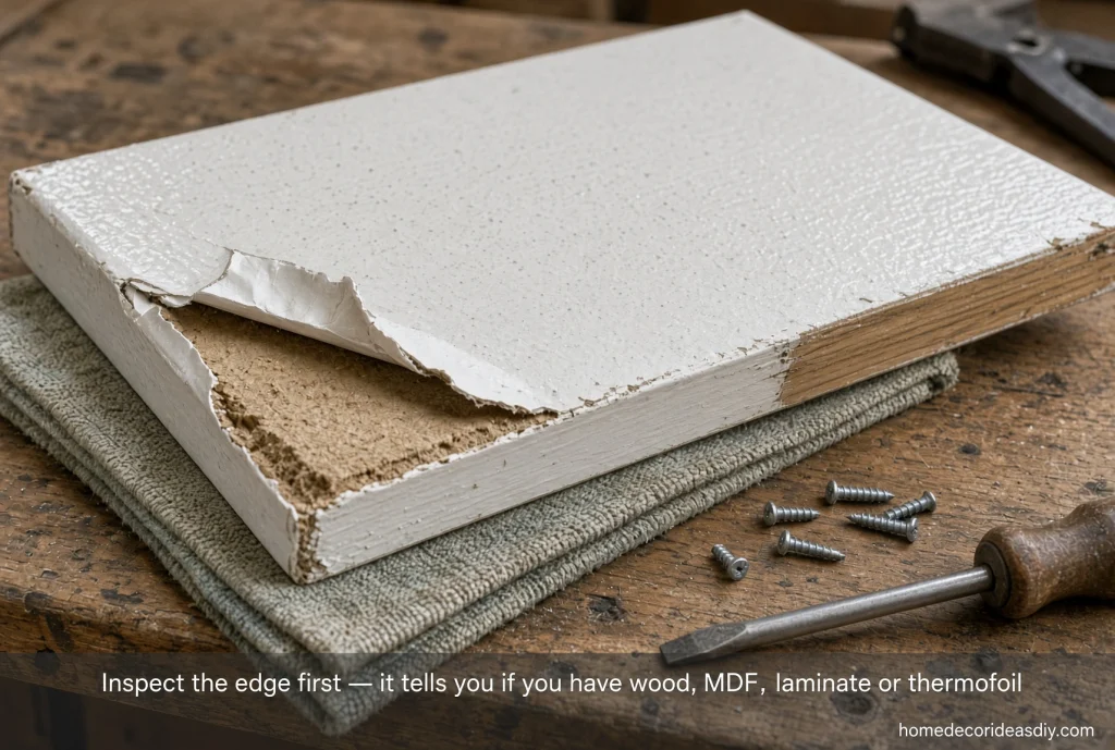 Inspect the edge when you upcycle kitchen cabinets to see if it is wood, painted MDF, laminate or thermofoil