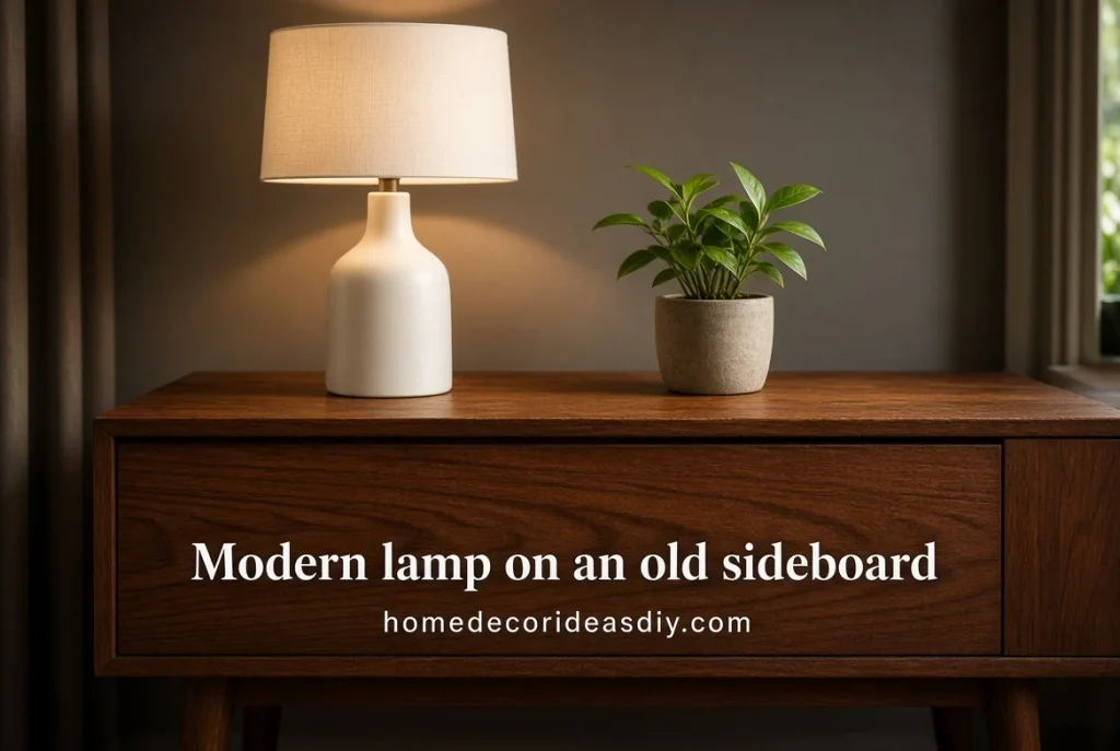 Modern white ceramic lamp on a vintage teak sideboard