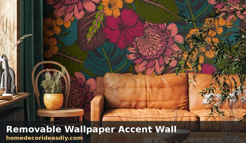 Renter Friendly Wall Decor accent wall peel and stick botanical wallpaper behind a leather sofa