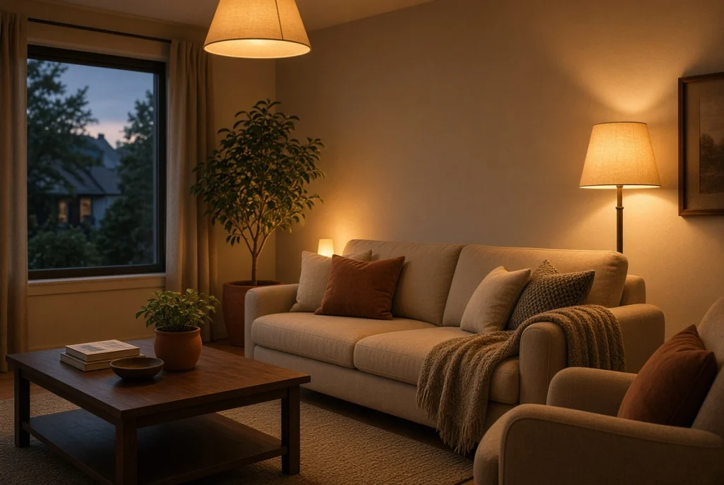 Every bulb in the room swapped to warm 2700K, the lighting fix most budget living room decor ideas skip.