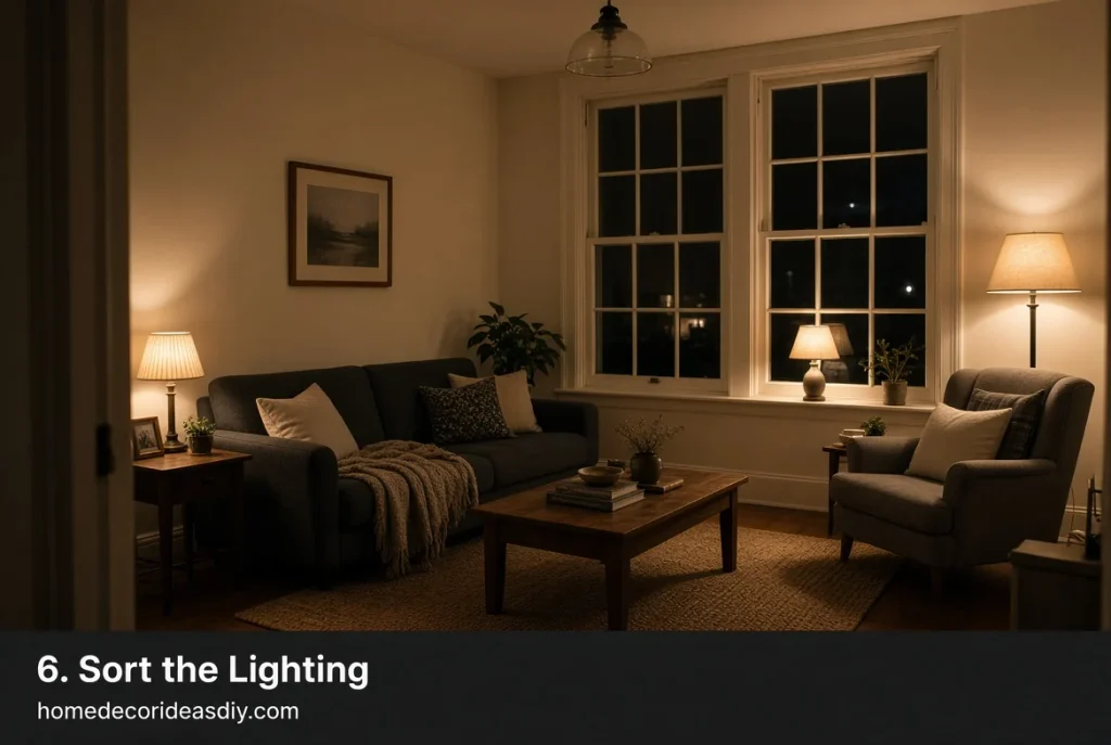 Three warm 2700K lamps in a living room with the ceiling light switched off