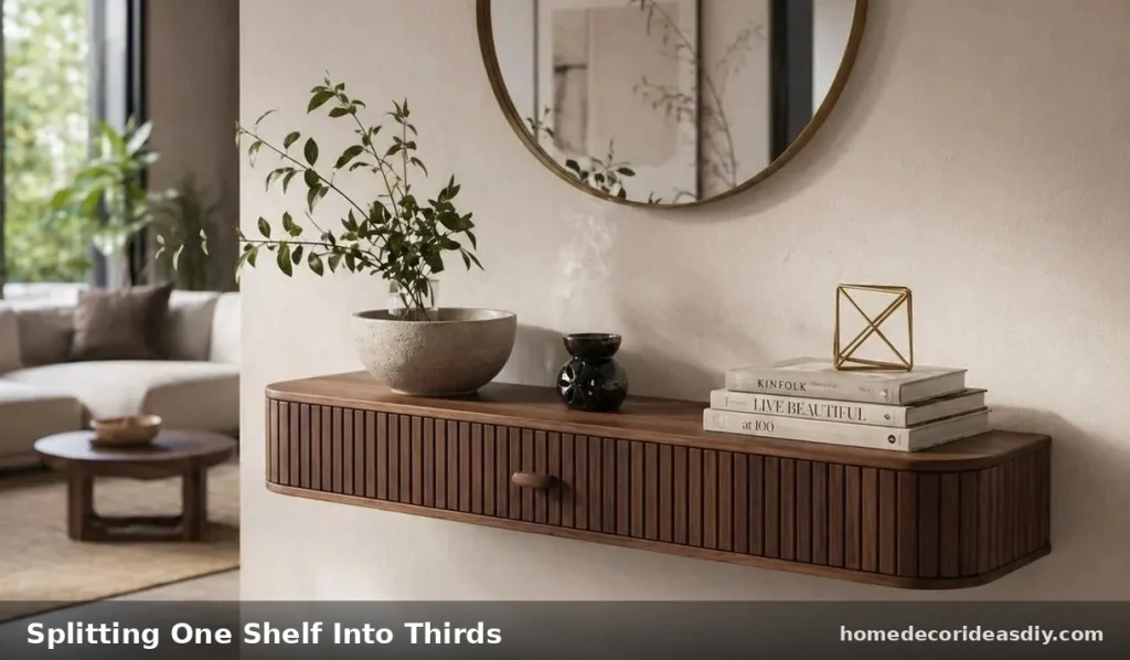 Floating shelves styling ideas floating console shelf zoned into thirds with a plant on one side, books and a small object on the other