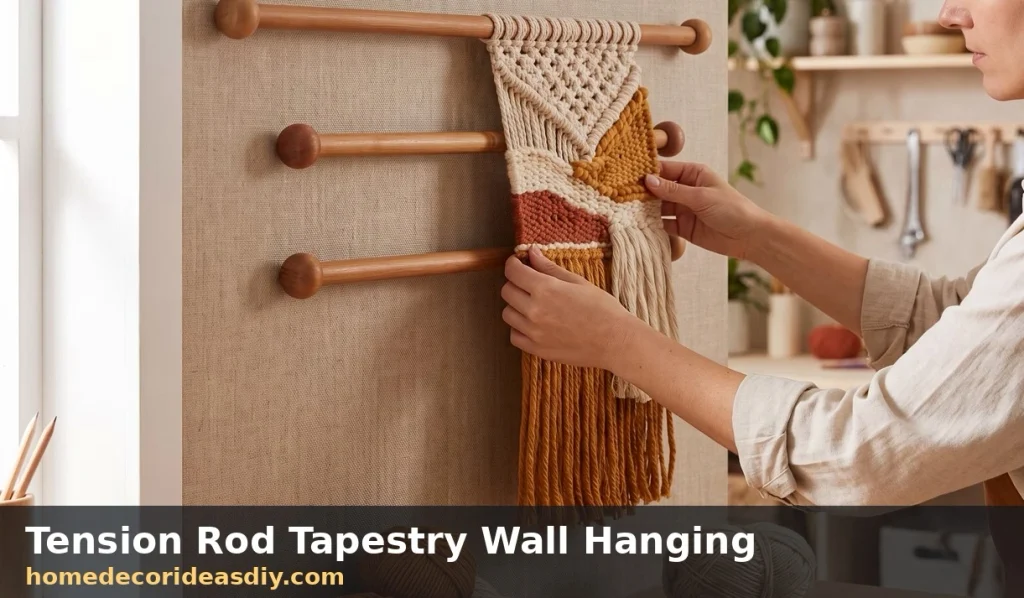 Renter Friendly Wall Decor hack tension rod holding a woven tapestry wall hanging