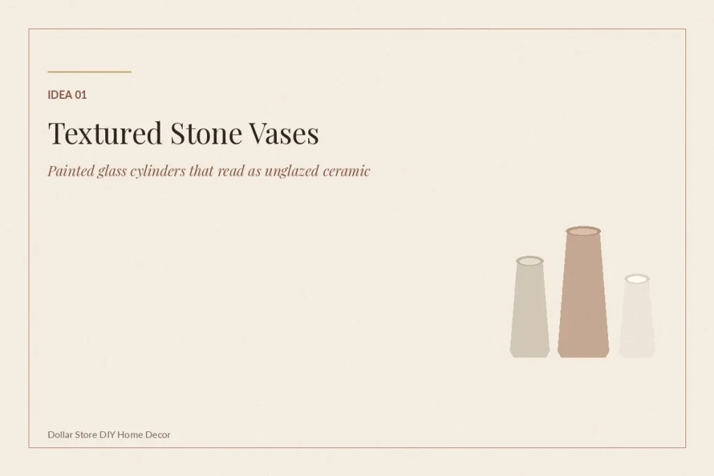 Dollar store DIY home decor textured stone vases made from painted glass cylinders with olive stems