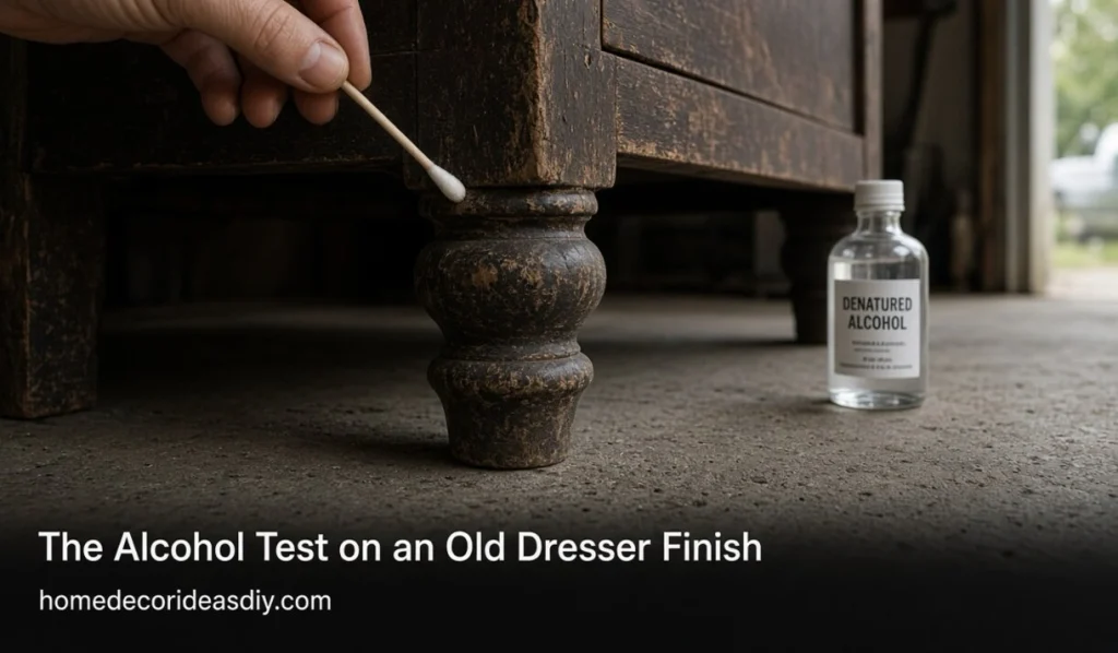 Alcohol test on an upcycle old dresser finish using a cotton bud
