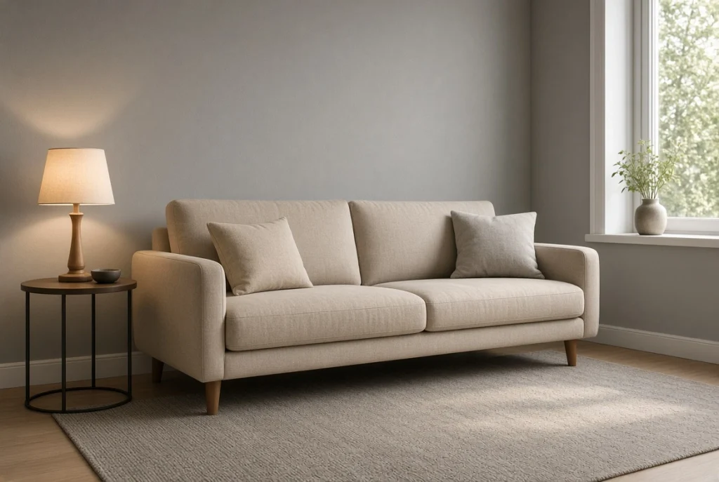Sofa pulled a few inches off the wall, one of the free budget living room decor ideas that makes a rented room feel arranged.
