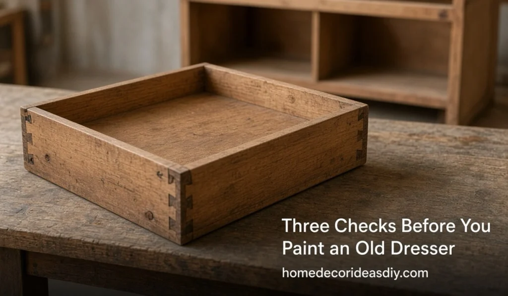 Dovetail joints on an upcycle old dresser drawer pulled out for inspection