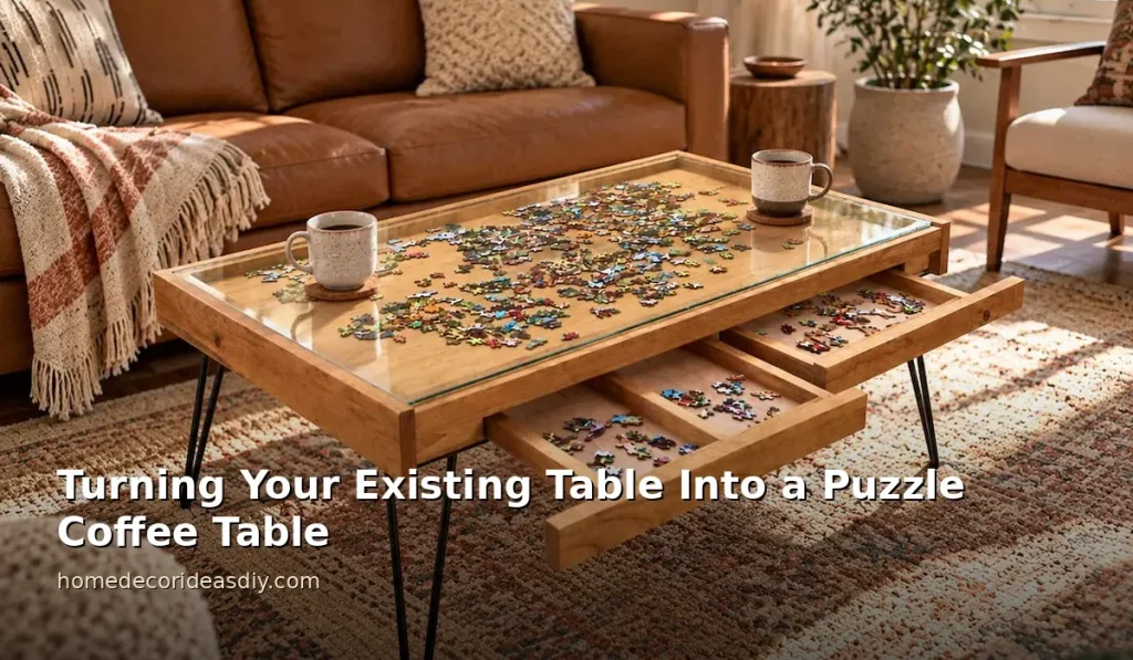 Puzzle coffee table being used as a normal table with coffee mugs on the glass top and piece drawers open at the side.