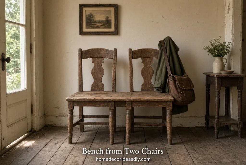 Upcycle old chair ideas two wooden dining chairs joined with boards to make a hallway bench