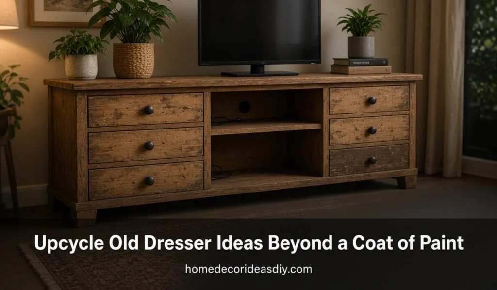 Upcycle old dresser reused as a media console with side drawers