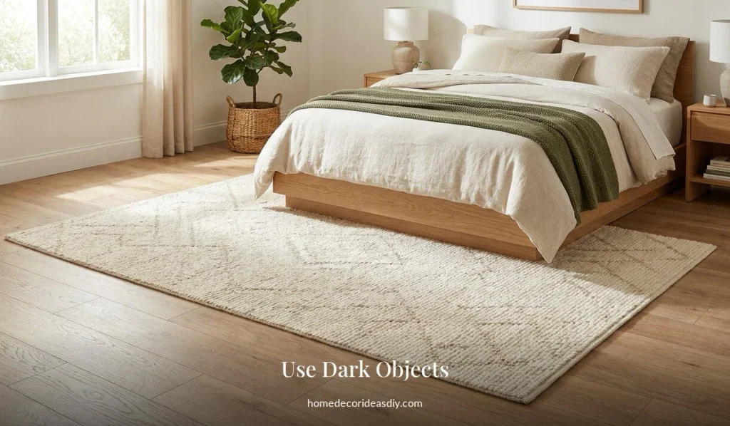 Light wood nightstand in a bedroom with wood floors and darker bedding accents.