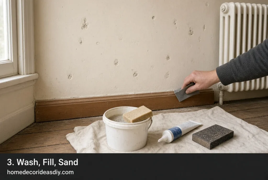 Filling old picture-hook holes and sanding skirting before living room paint