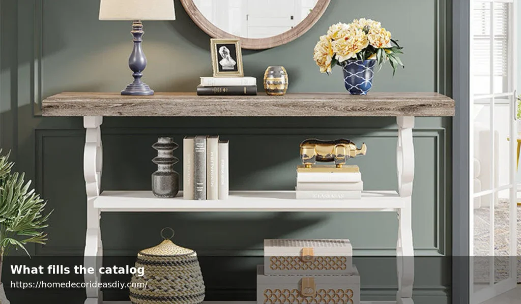 Farmhouse console with shelves like a Decor Steals Catalog listing.