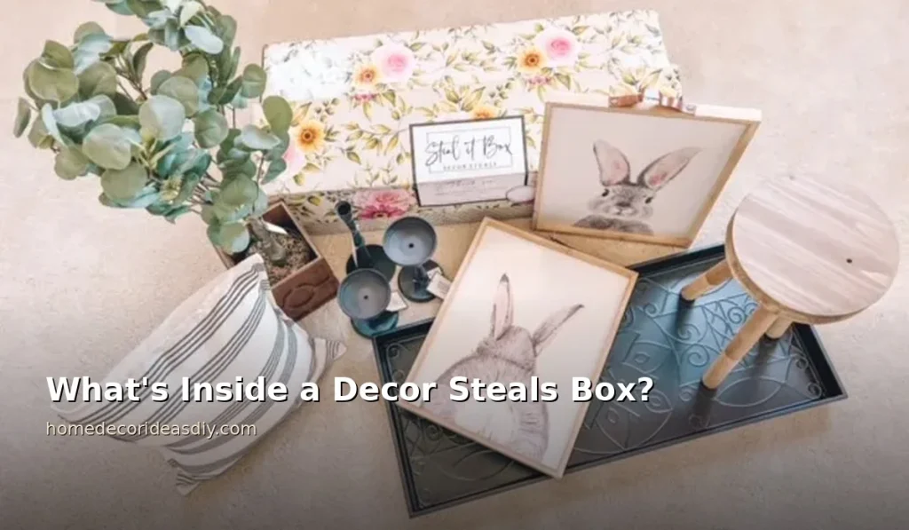 All seven pieces of a Decor Steals Box edition laid out together faux eucalyptus, striped pillow, framed wall art, metal tray and wooden stool
