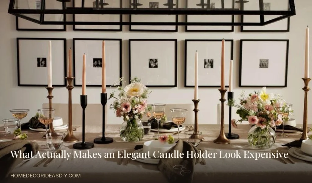 Mixed brass and black taper candle holders of different heights on a linen dining table, showing how an elegant candle holder looks expensive when heights vary.