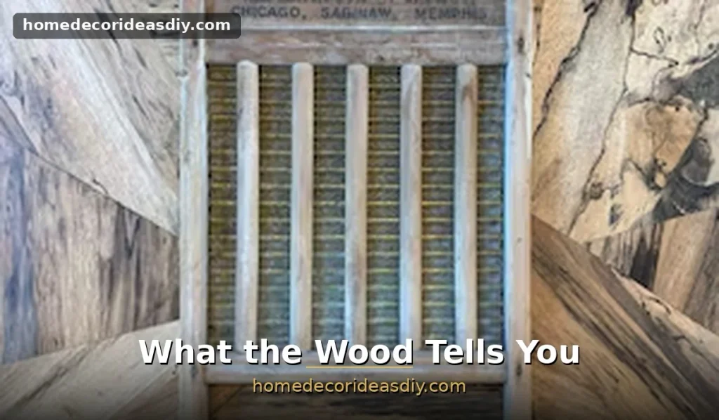 Checking wooden washboard frame grain and maker's stamp for authenticity