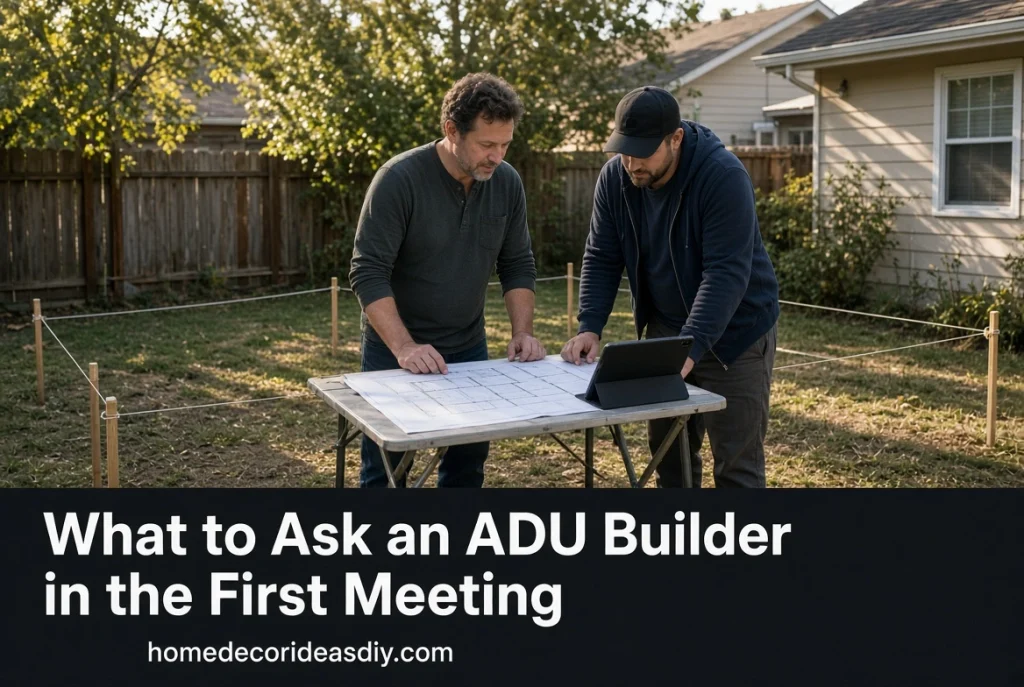 Homeowner and ADU builder reviewing city-specific plans on a backyard lot before permits