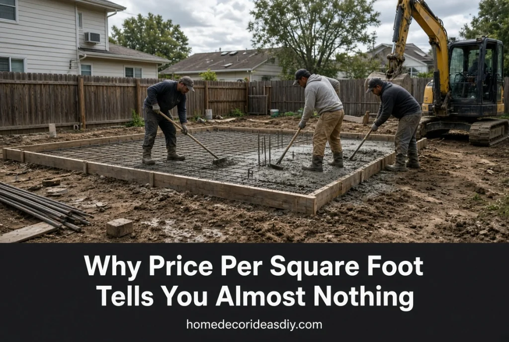 Concrete foundation pour for a small detached backyard ADU showing fixed sitework costs